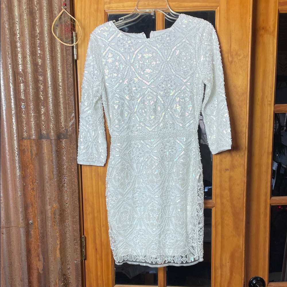 Elegant White Verte Sequin Mini Dress, Size XS